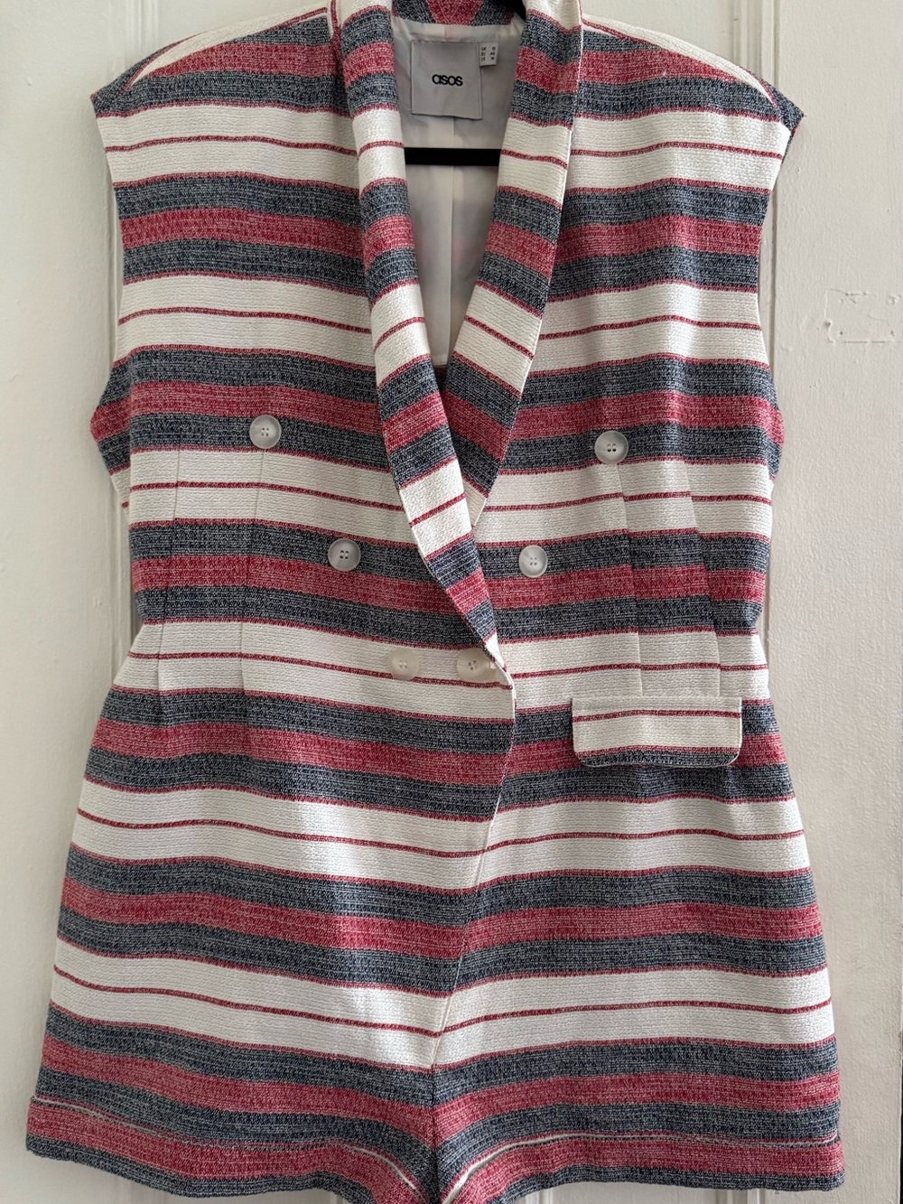ASOS Striped Sleeveless Double-Breasted Romper in White, Red & Navylpp